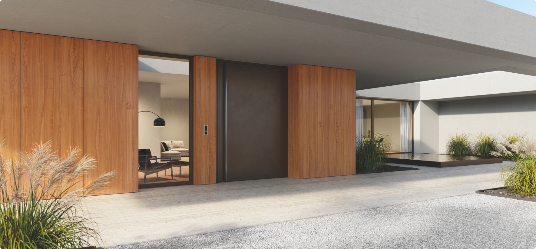 Zdjęcie budynku z nowoczesną stolarką okienną i drzwiową